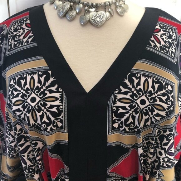 Nicole Miller boho oversized kimono style red black tan floral tunic blouse XL - Picture 4 of 13